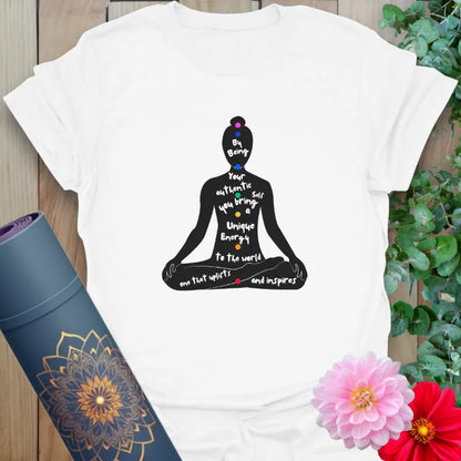 White unisex tee with yoga affirmation design and meditative silhouette