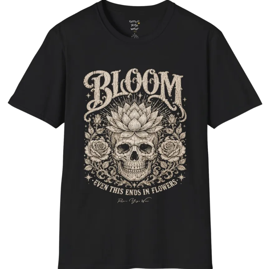 Bloom T-Shirt (short sleeved)  flat lay with a lotus-crowned skull framed by roses and fine botanical vines — vintage engraved graphic tee by Ramro Yoga Wear in Black.