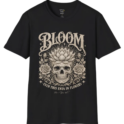 Bloom T-Shirt (short sleeved)  flat lay with a lotus-crowned skull framed by roses and fine botanical vines — vintage engraved graphic tee by Ramro Yoga Wear in Black.