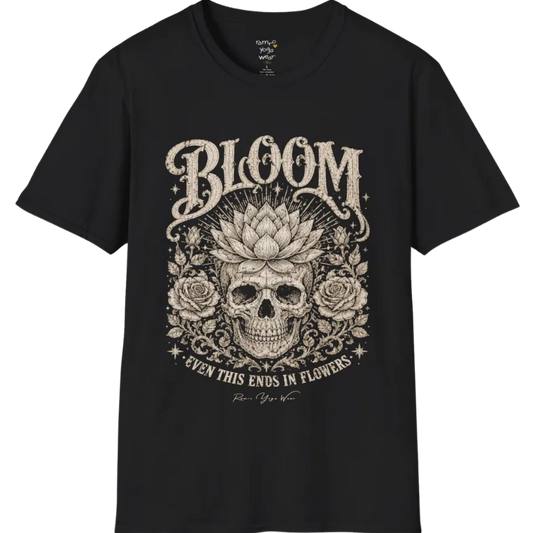 Bloom T-Shirt (short sleeved)  flat lay with a lotus-crowned skull framed by roses and fine botanical vines — vintage engraved graphic tee by Ramro Yoga Wear in Black.