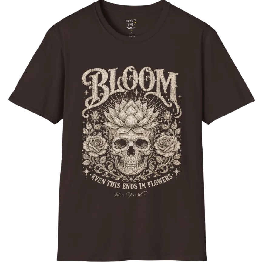 Bloom T-Shirt (short sleeved)  flat lay with a lotus-crowned skull framed by roses and fine botanical vines — vintage engraved graphic tee by Ramro Yoga Wear in Dark Chocolate.