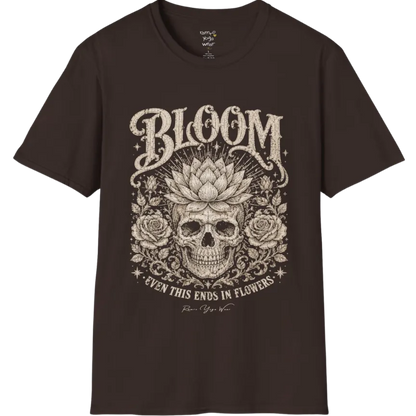 Bloom T-Shirt (short sleeved)  flat lay with a lotus-crowned skull framed by roses and fine botanical vines — vintage engraved graphic tee by Ramro Yoga Wear in Dark Chocolate.