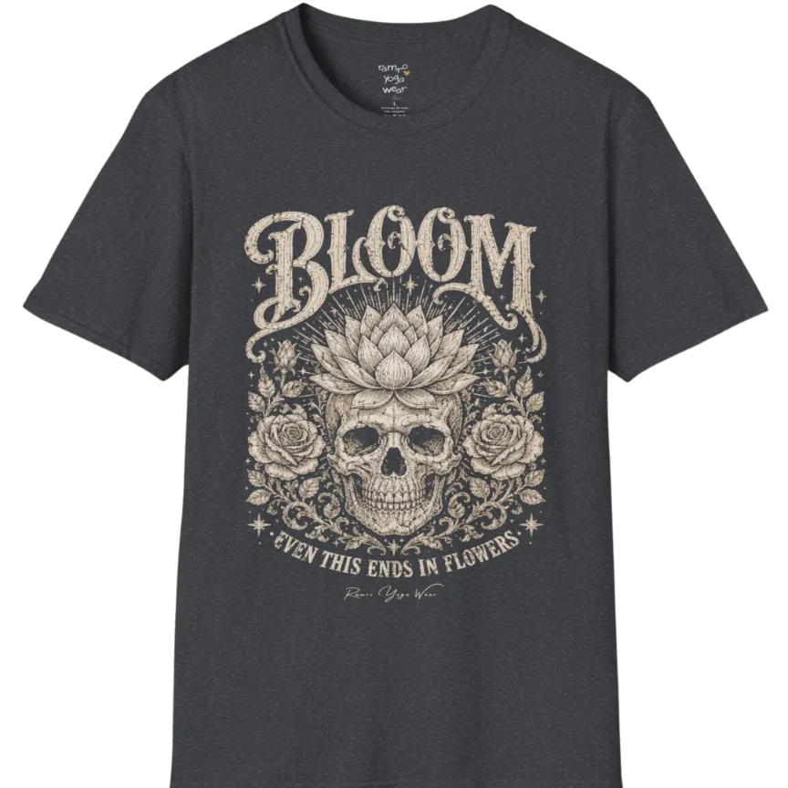 Bloom T-Shirt (short sleeved)  flat lay with a lotus-crowned skull framed by roses and fine botanical vines — vintage engraved graphic tee by Ramro Yoga Wear in Dark Heather Grey.