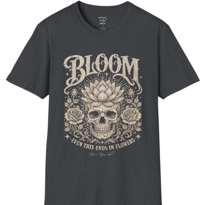 Bloom T-Shirt (short sleeved)  flat lay with a lotus-crowned skull framed by roses and fine botanical vines — vintage engraved graphic tee by Ramro Yoga Wear in Dark Heather Grey.