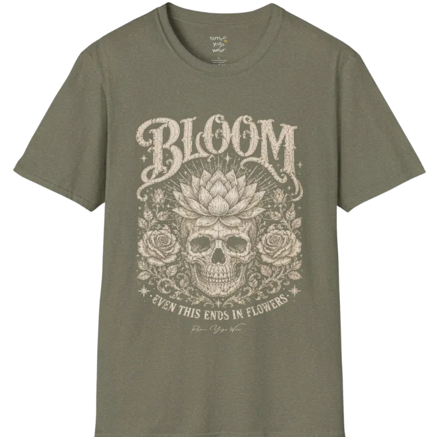 Bloom T-Shirt (short sleeved)  flat lay with a lotus-crowned skull framed by roses and fine botanical vines — vintage engraved graphic tee by Ramro Yoga Wear in Heather Military Green.