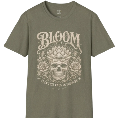 Bloom T-Shirt (short sleeved)  flat lay with a lotus-crowned skull framed by roses and fine botanical vines — vintage engraved graphic tee by Ramro Yoga Wear in Heather Military Green.