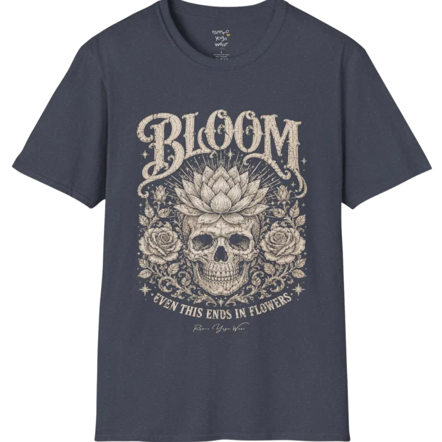 Bloom T-Shirt (short sleeved)  flat lay with a lotus-crowned skull framed by roses and fine botanical vines — vintage engraved graphic tee by Ramro Yoga Wear in Heather Navy.