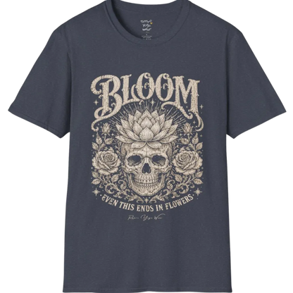 Bloom T-Shirt (short sleeved)  flat lay with a lotus-crowned skull framed by roses and fine botanical vines — vintage engraved graphic tee by Ramro Yoga Wear in Heather Navy.
