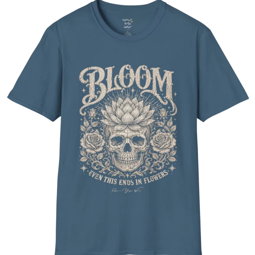 Bloom T-Shirt (short sleeved)  flat lay with a lotus-crowned skull framed by roses and fine botanical vines — vintage engraved graphic tee by Ramro Yoga Wear in Indigo Blue.