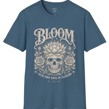 Bloom T-Shirt (short sleeved)  flat lay with a lotus-crowned skull framed by roses and fine botanical vines — vintage engraved graphic tee by Ramro Yoga Wear in Indigo Blue.