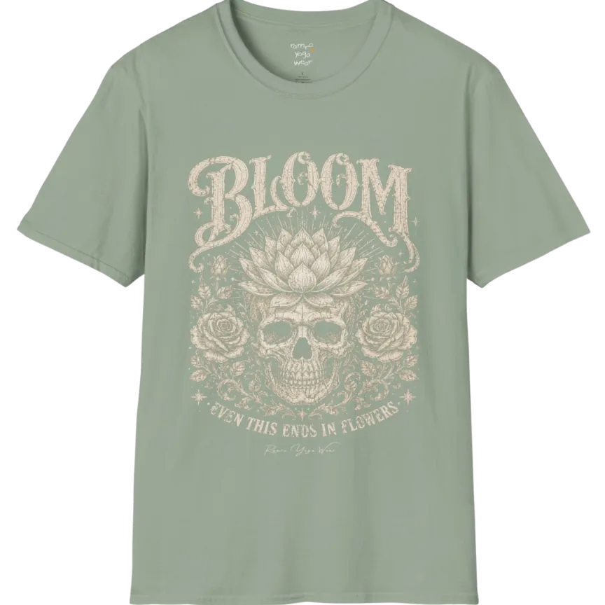 Bloom T-Shirt (short sleeved)  flat lay with a lotus-crowned skull framed by roses and fine botanical vines — vintage engraved graphic tee by Ramro Yoga Wear in Sage.