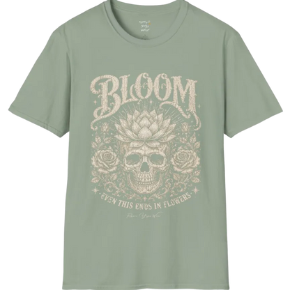 Bloom T-Shirt (short sleeved)  flat lay with a lotus-crowned skull framed by roses and fine botanical vines — vintage engraved graphic tee by Ramro Yoga Wear in Sage.
