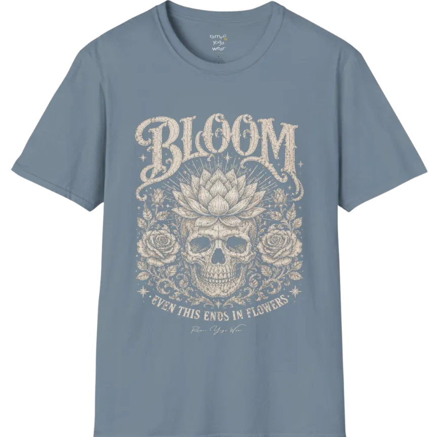 Bloom T-Shirt (short sleeved)  flat lay with a lotus-crowned skull framed by roses and fine botanical vines — vintage engraved graphic tee by Ramro Yoga Wear in Stone Blue.