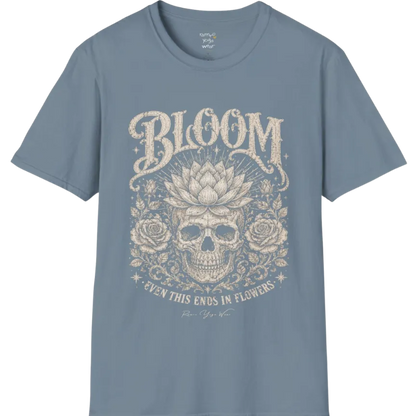 Bloom T-Shirt (short sleeved)  flat lay with a lotus-crowned skull framed by roses and fine botanical vines — vintage engraved graphic tee by Ramro Yoga Wear in Stone Blue.