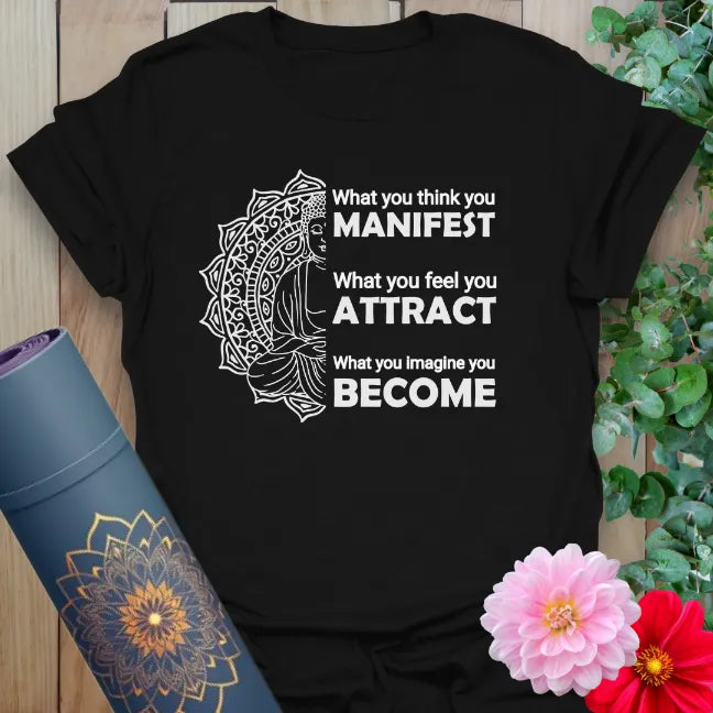Black yoga t-shirt with white mandala design and manifestation quote