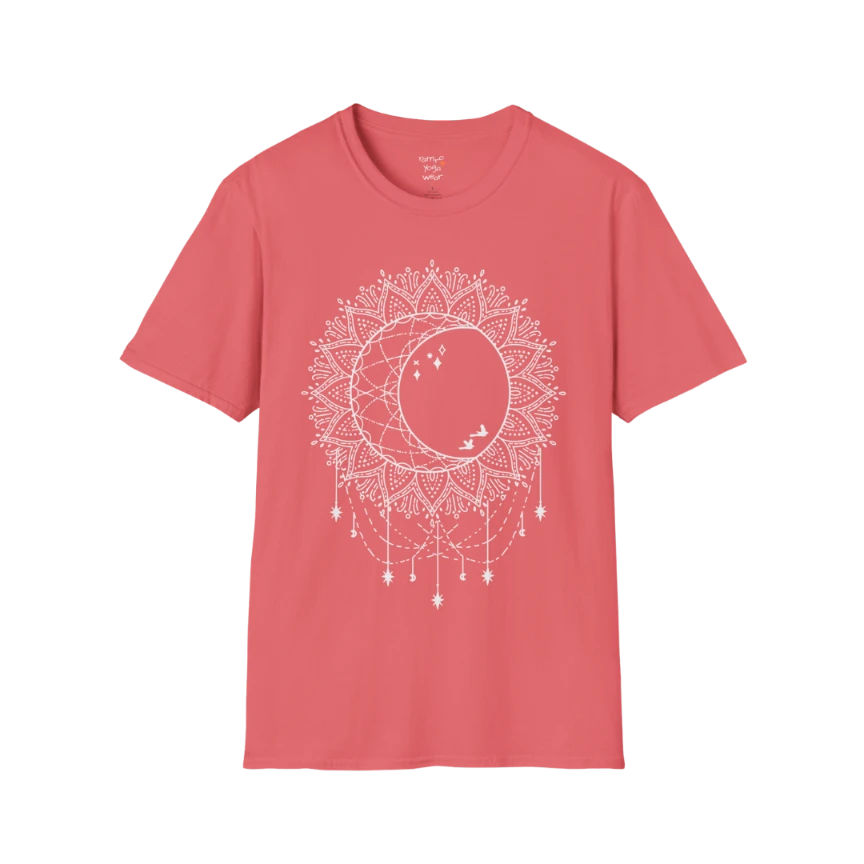 Boho sun and moon mandala design with crescent moon detail — The Vault collection by Ramro Yoga Wear — Coral Silk