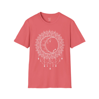 Boho sun and moon mandala design with crescent moon detail — The Vault collection by Ramro Yoga Wear — Coral Silk