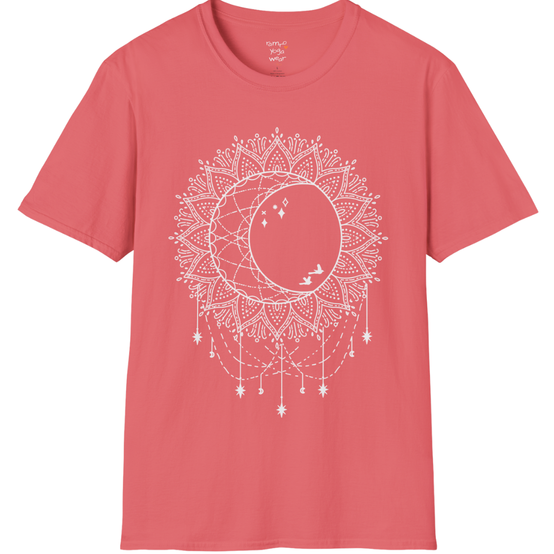 Boho sun and moon mandala design with crescent moon detail — The Vault collection by Ramro Yoga Wear — Coral Silk