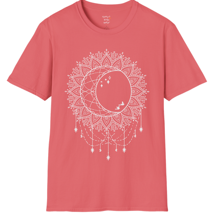 Boho sun and moon mandala design with crescent moon detail — The Vault collection by Ramro Yoga Wear — Coral Silk