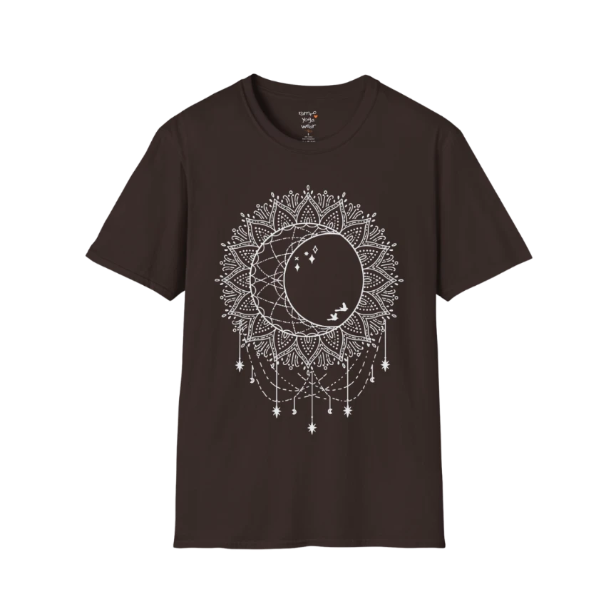 Boho sun and moon mandala design with crescent moon detail — The Vault collection by Ramro Yoga Wear — Dark Chocolate