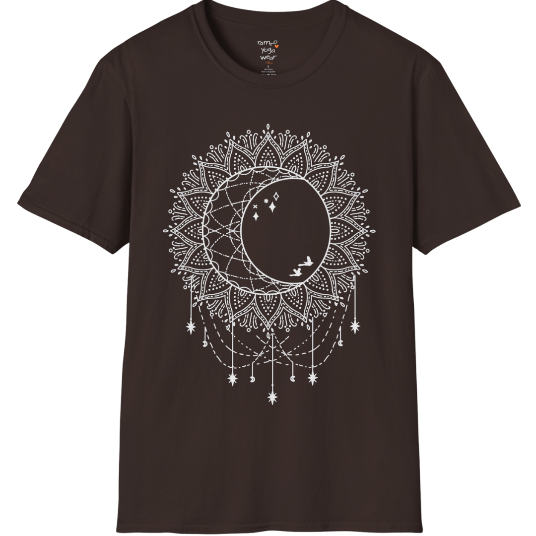 Boho sun and moon mandala design with crescent moon detail — The Vault collection by Ramro Yoga Wear — Dark Chocolate