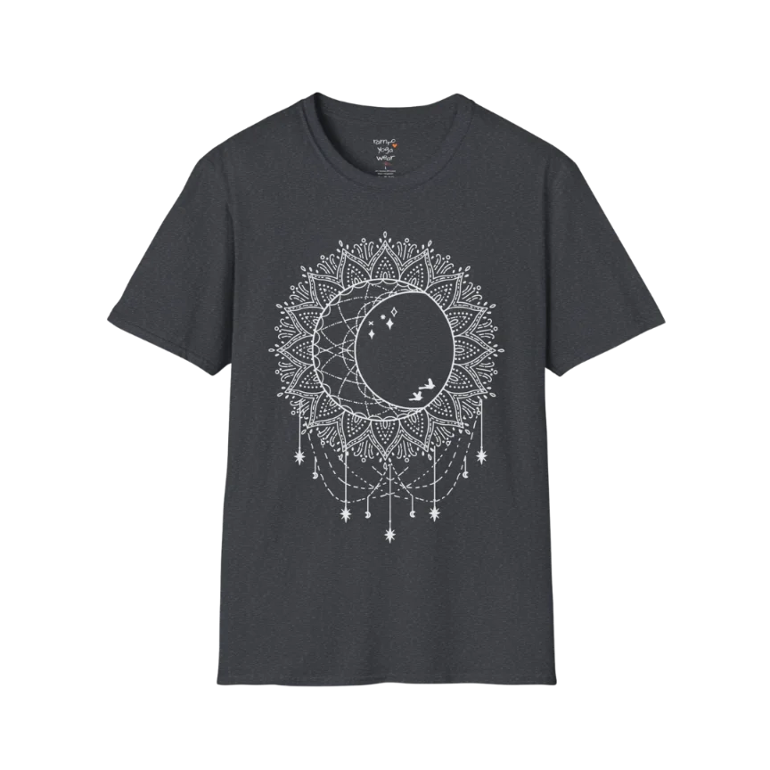 Boho sun and moon mandala design with crescent moon detail — The Vault collection by Ramro Yoga Wear — Dark Heather Grey
