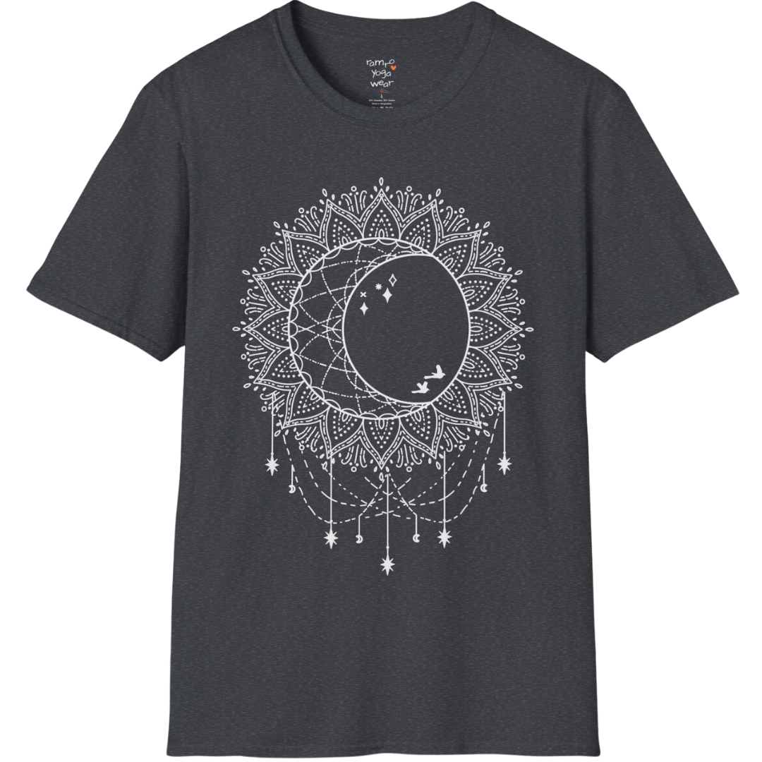 Boho sun and moon mandala design with crescent moon detail — The Vault collection by Ramro Yoga Wear — Dark Heather Grey