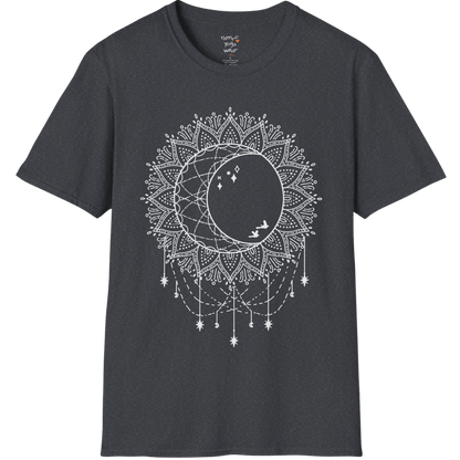 Boho sun and moon mandala design with crescent moon detail — The Vault collection by Ramro Yoga Wear — Dark Heather Grey
