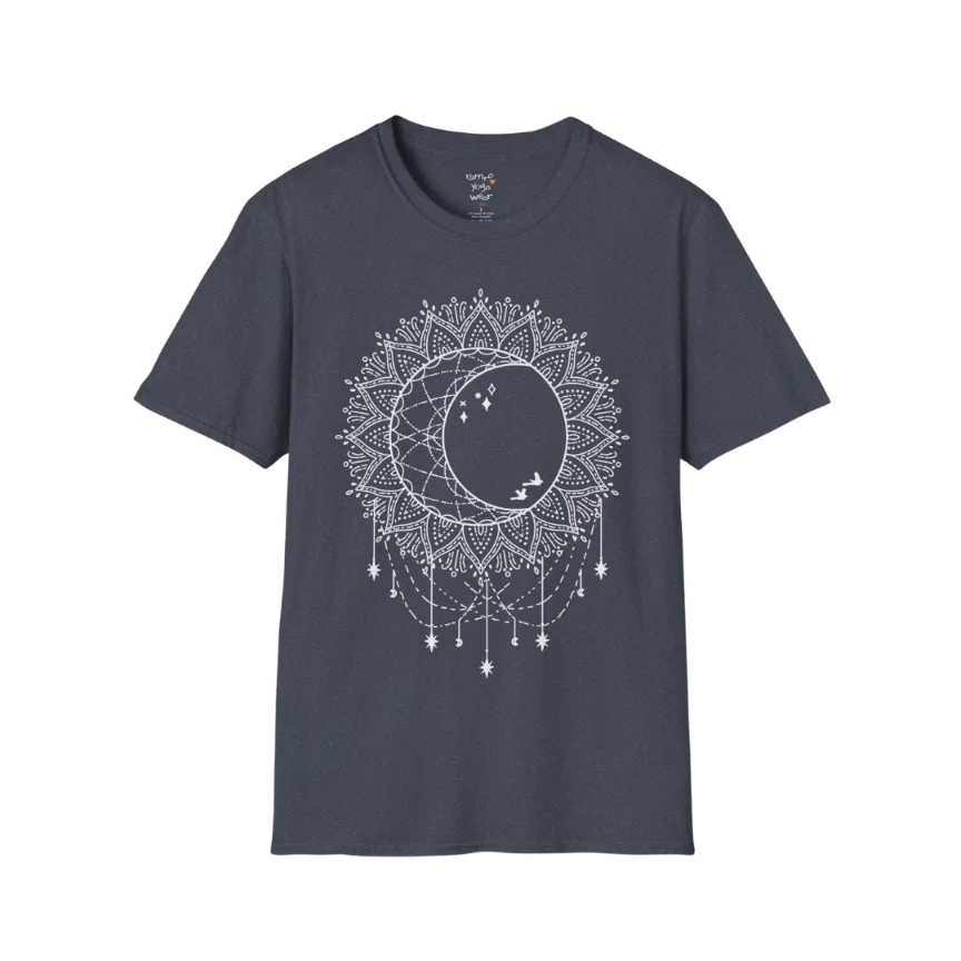 Boho sun and moon mandala design with crescent moon detail — The Vault collection by Ramro Yoga Wear — Heather Navy