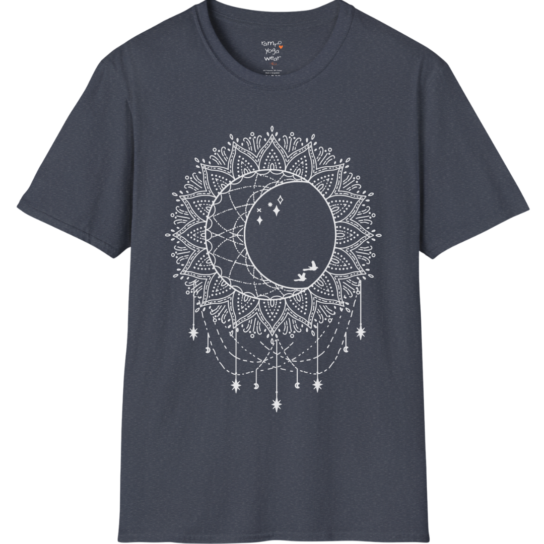 Boho sun and moon mandala design with crescent moon detail — The Vault collection by Ramro Yoga Wear — Heather Navy