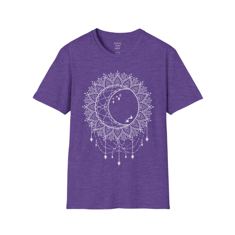 Boho sun and moon mandala design with crescent moon detail — The Vault collection by Ramro Yoga Wear — Heather Purple
