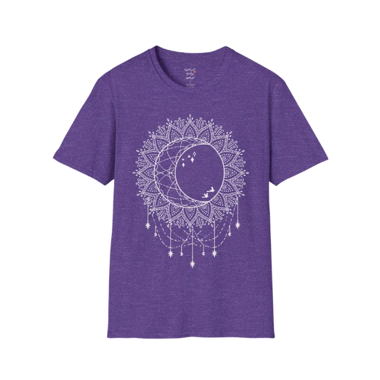 Heather purple Boho Sun Moon T-Shirt with spiritual sun and moon mandala artwork and relaxed bohemian vibes.