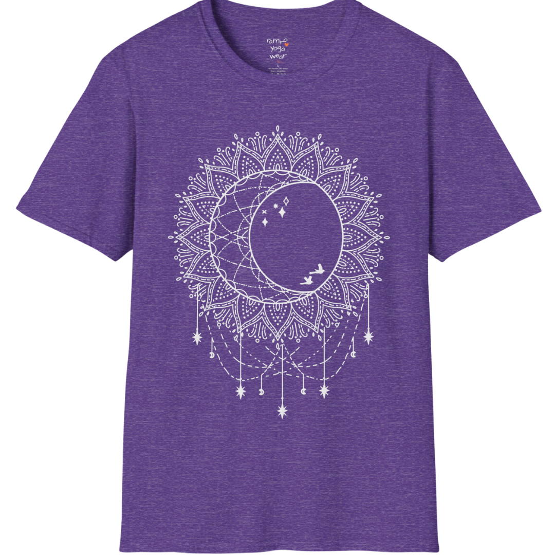 Boho sun and moon mandala design with crescent moon detail — The Vault collection by Ramro Yoga Wear — Heather Purple