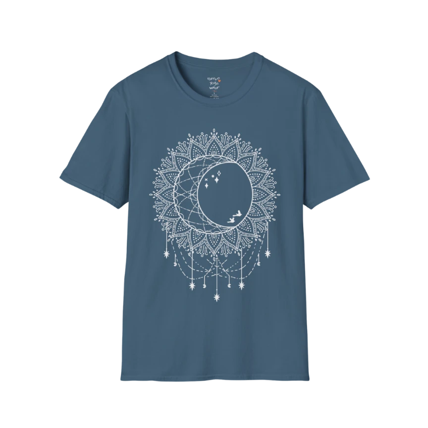 Boho sun and moon mandala design with crescent moon detail — The Vault collection by Ramro Yoga Wear — Indigo Blue