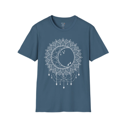 Boho sun and moon mandala design with crescent moon detail — The Vault collection by Ramro Yoga Wear — Indigo Blue
