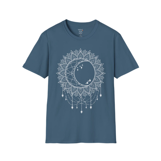 Boho sun and moon mandala design with crescent moon detail — The Vault collection by Ramro Yoga Wear — Indigo Blue