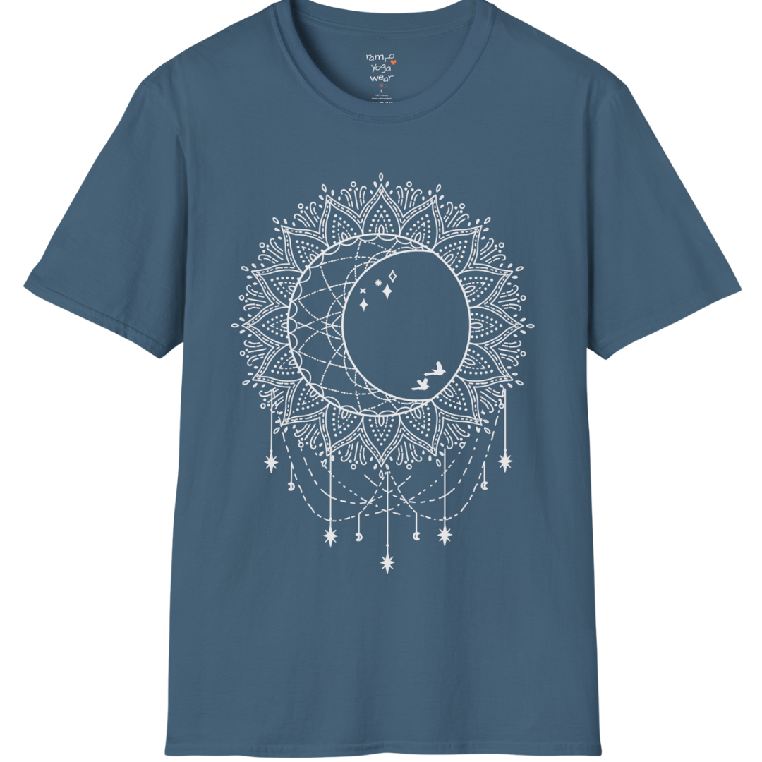Boho sun and moon mandala design with crescent moon detail — The Vault collection by Ramro Yoga Wear — Indigo Blue
