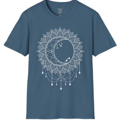 Boho sun and moon mandala design with crescent moon detail — The Vault collection by Ramro Yoga Wear — Indigo Blue