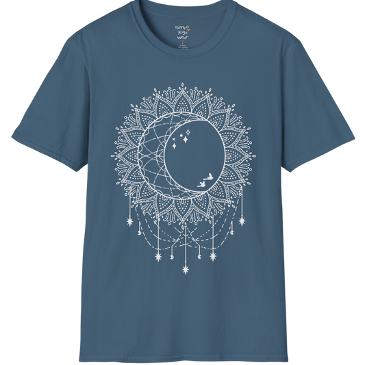 Boho sun and moon mandala design with crescent moon detail — The Vault collection by Ramro Yoga Wear — Indigo Blue