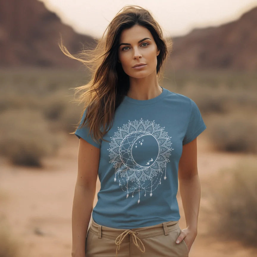 Woman wearing Boho Sun Moon Indigo Blue T-Shirt outdoors in a desert setting — The Vault collection by Ramro Yoga Wear