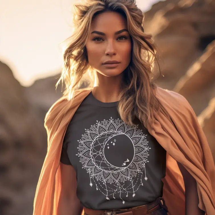Woman wearing Boho Sun Moon Dark Chocolate T-Shirt outdoors, wrapped in a shawl — The Vault collection by Ramro Yoga Wear