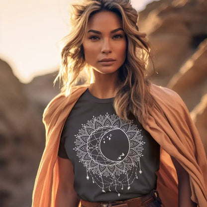 Woman wearing Boho Sun Moon Dark Chocolate T-Shirt outdoors, wrapped in a shawl — The Vault collection by Ramro Yoga Wear