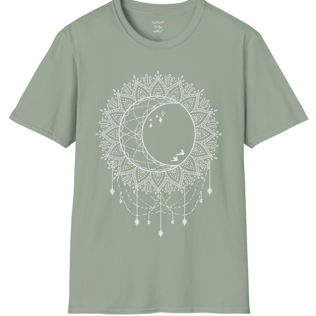 Boho sun and moon mandala design with crescent moon detail — The Vault collection by Ramro Yoga Wear — Sage