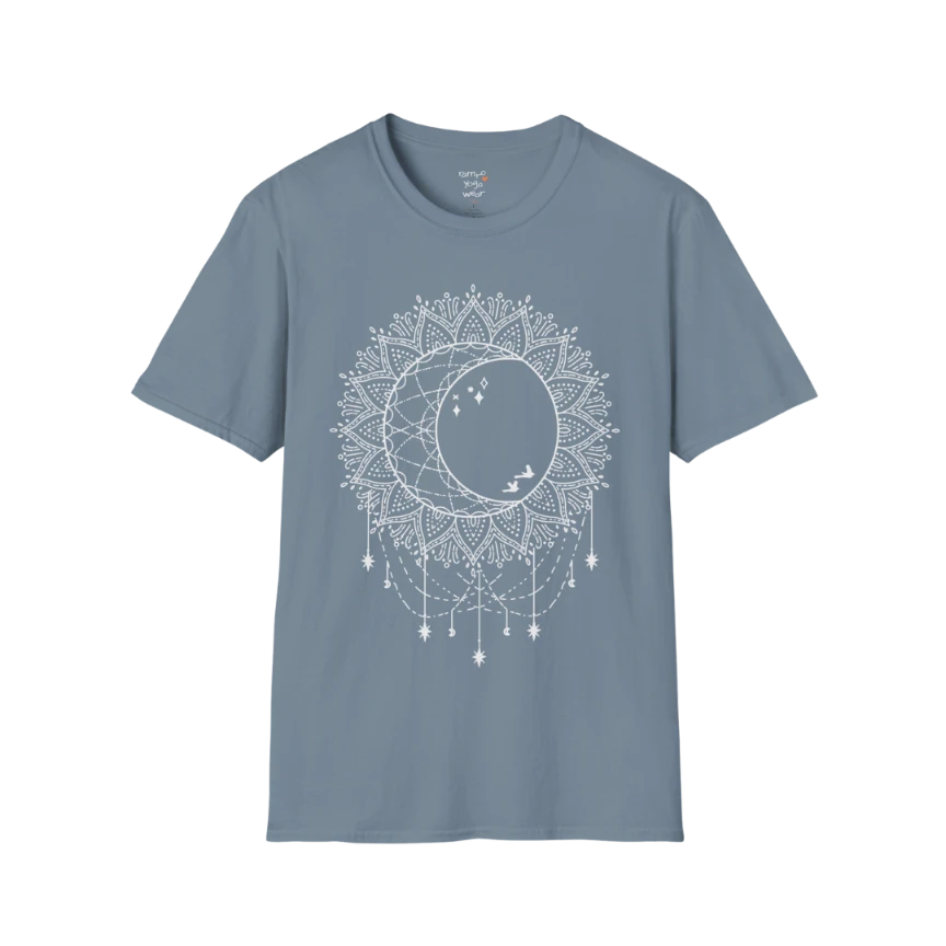 Boho sun and moon mandala design with crescent moon detail — The Vault collection by Ramro Yoga Wear — Stone Blue