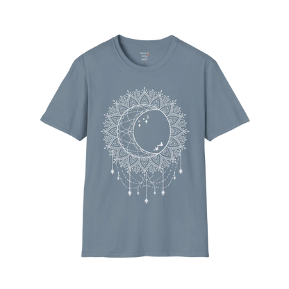 Boho sun and moon mandala design with crescent moon detail — The Vault collection by Ramro Yoga Wear — Stone Blue