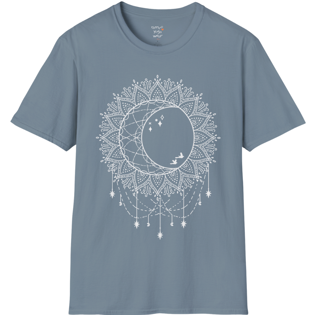 Boho sun and moon mandala design with crescent moon detail — The Vault collection by Ramro Yoga Wear — Stone Blue