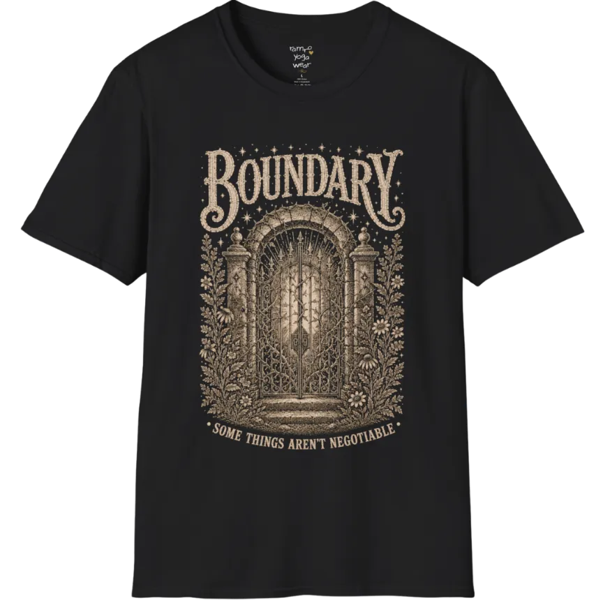 A short sleeved tee, design is a wrought-iron gate with thorned vines at a stone threshold — Sacred Thread collection by Ramro Yoga Wear in Black