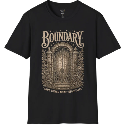 A short sleeved tee, design is a wrought-iron gate with thorned vines at a stone threshold — Sacred Thread collection by Ramro Yoga Wear in Black