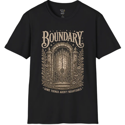 A short sleeved tee, design is a wrought-iron gate with thorned vines at a stone threshold — Sacred Thread collection by Ramro Yoga Wear in Black