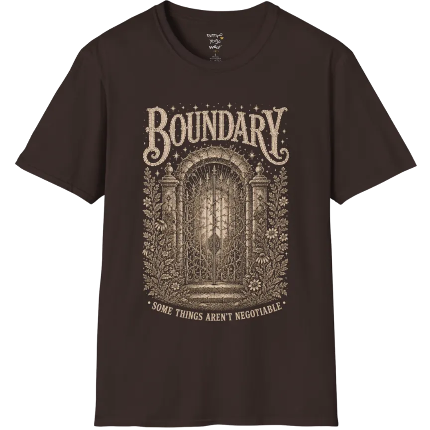 A short sleeved tee, design is a wrought-iron gate with thorned vines at a stone threshold — Sacred Thread collection by Ramro Yoga Wear in Dark Chocolate